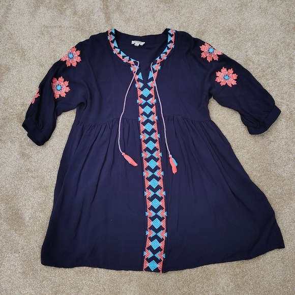 Umgee Dresses & Skirts - UMGEE Womens SMALL Mini Dress Navy Blue Embroidered Boho Tassel Festival